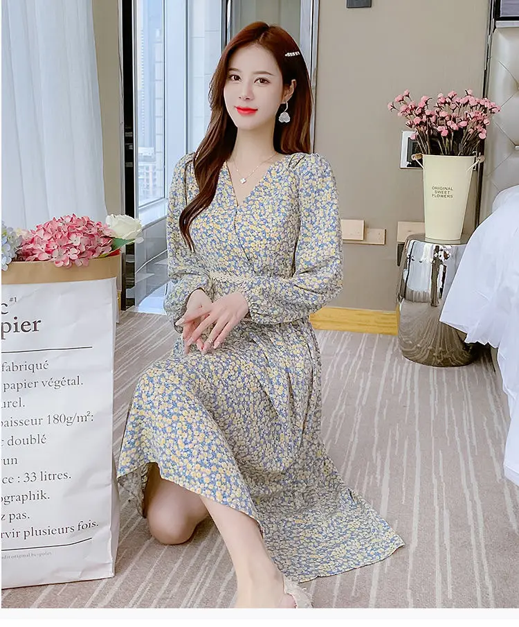 Women Floral V-Neck Dress 2021 Spring Autumn Slimming — feature 11