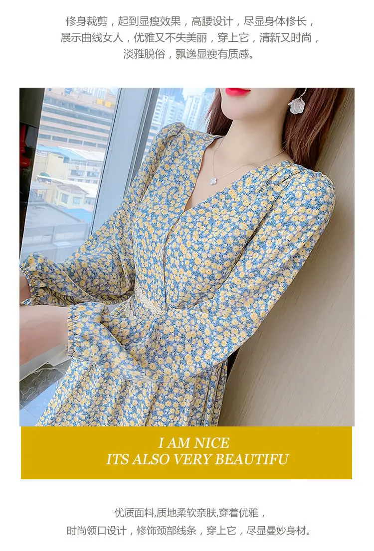 Women Floral V-Neck Dress 2021 Spring Autumn Slimming — feature 3