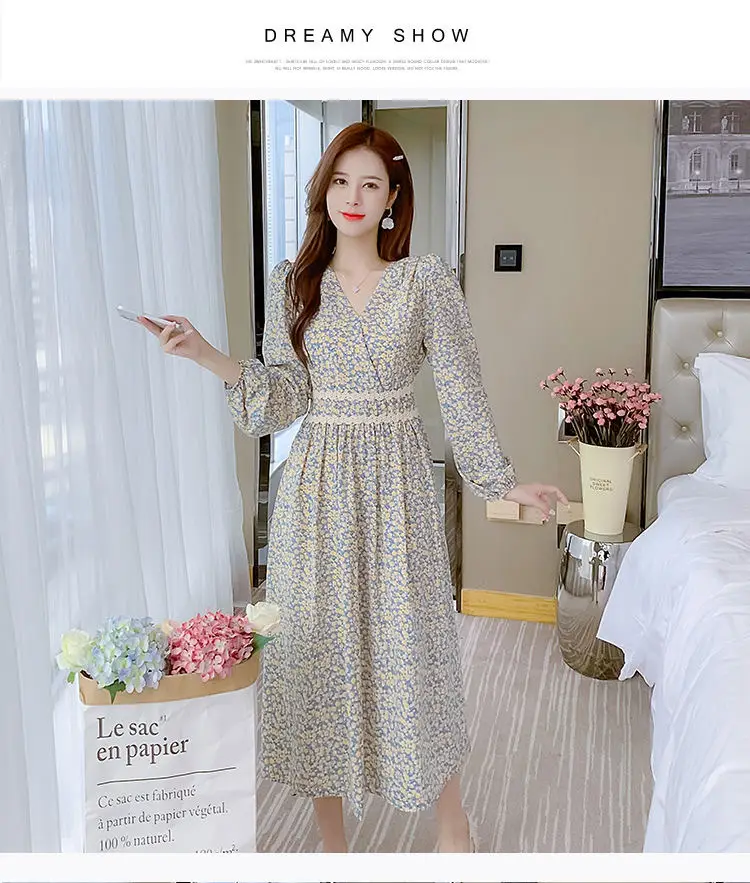 Women Floral V-Neck Dress 2021 Spring Autumn Slimming — feature 9
