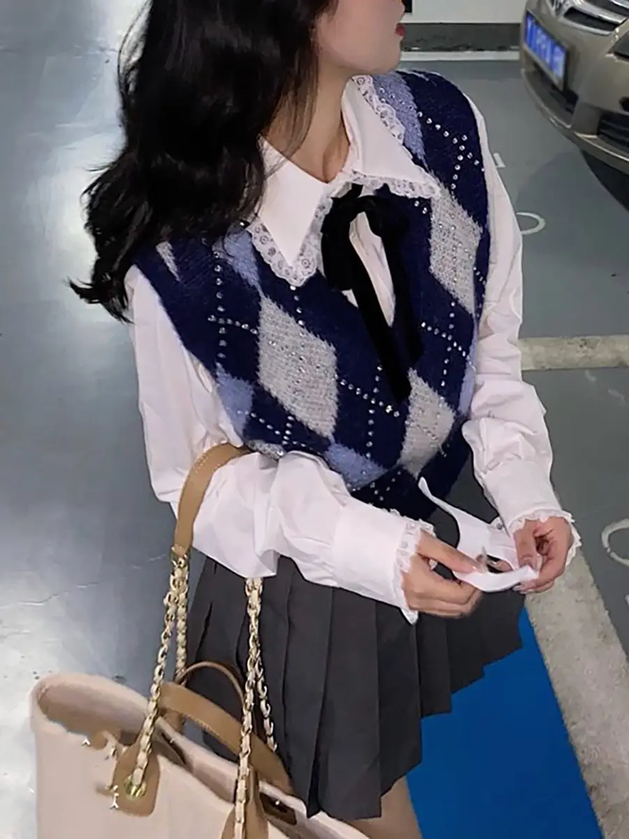 Women Knitted Quilted Vest with Little Fans Preppy Style - Image 5