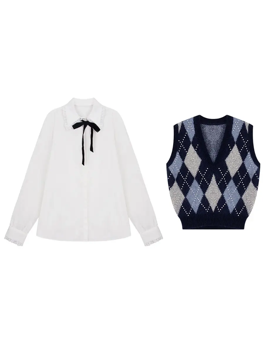 Women Knitted Quilted Vest with Little Fans Preppy Style - Image 6