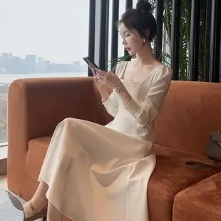 Light Grey Long Sleeve Waist Cover Dress for Women — feature 3