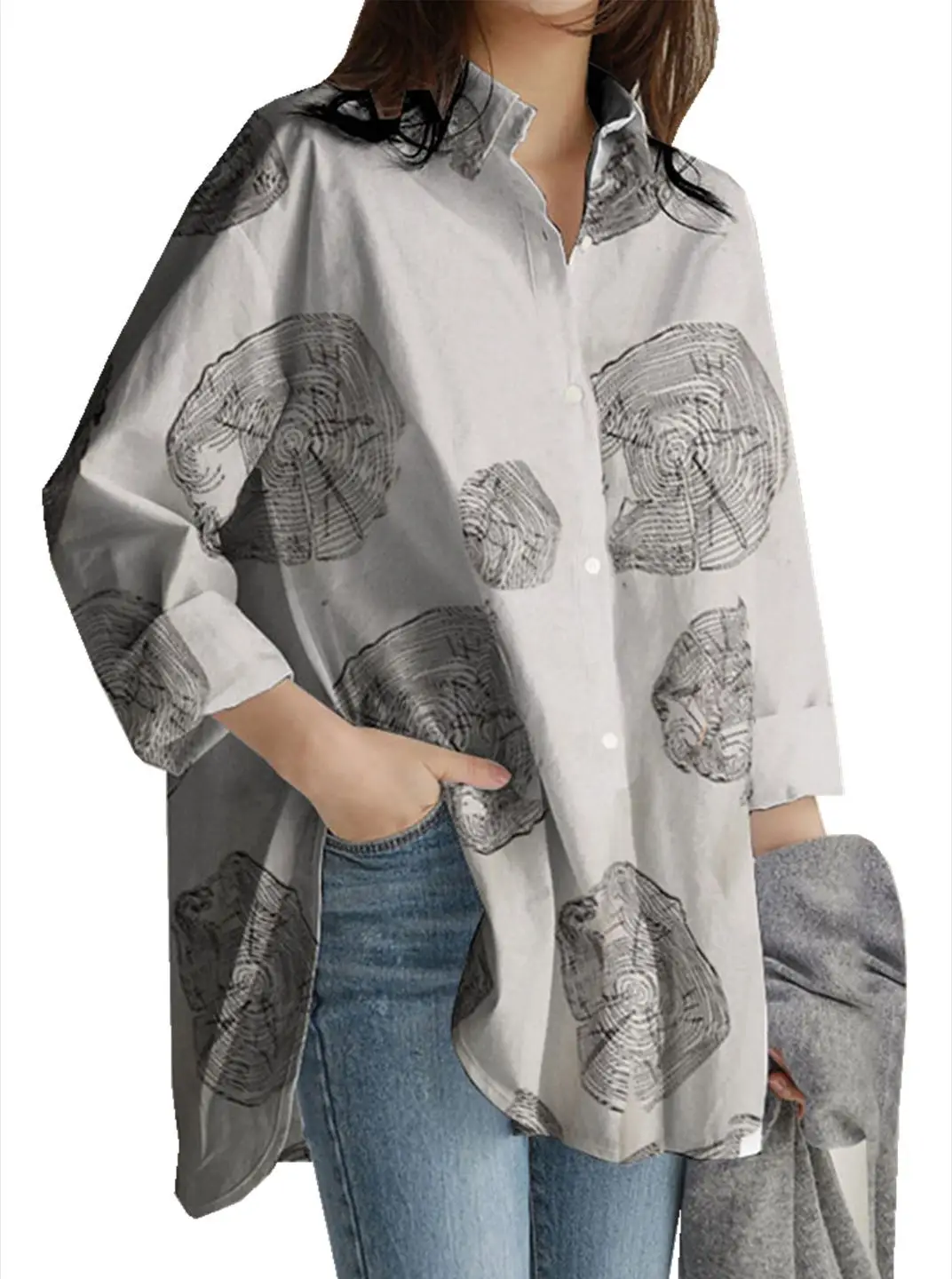 Women's Printed Lapel Shirt Black Long Sleeve 2021