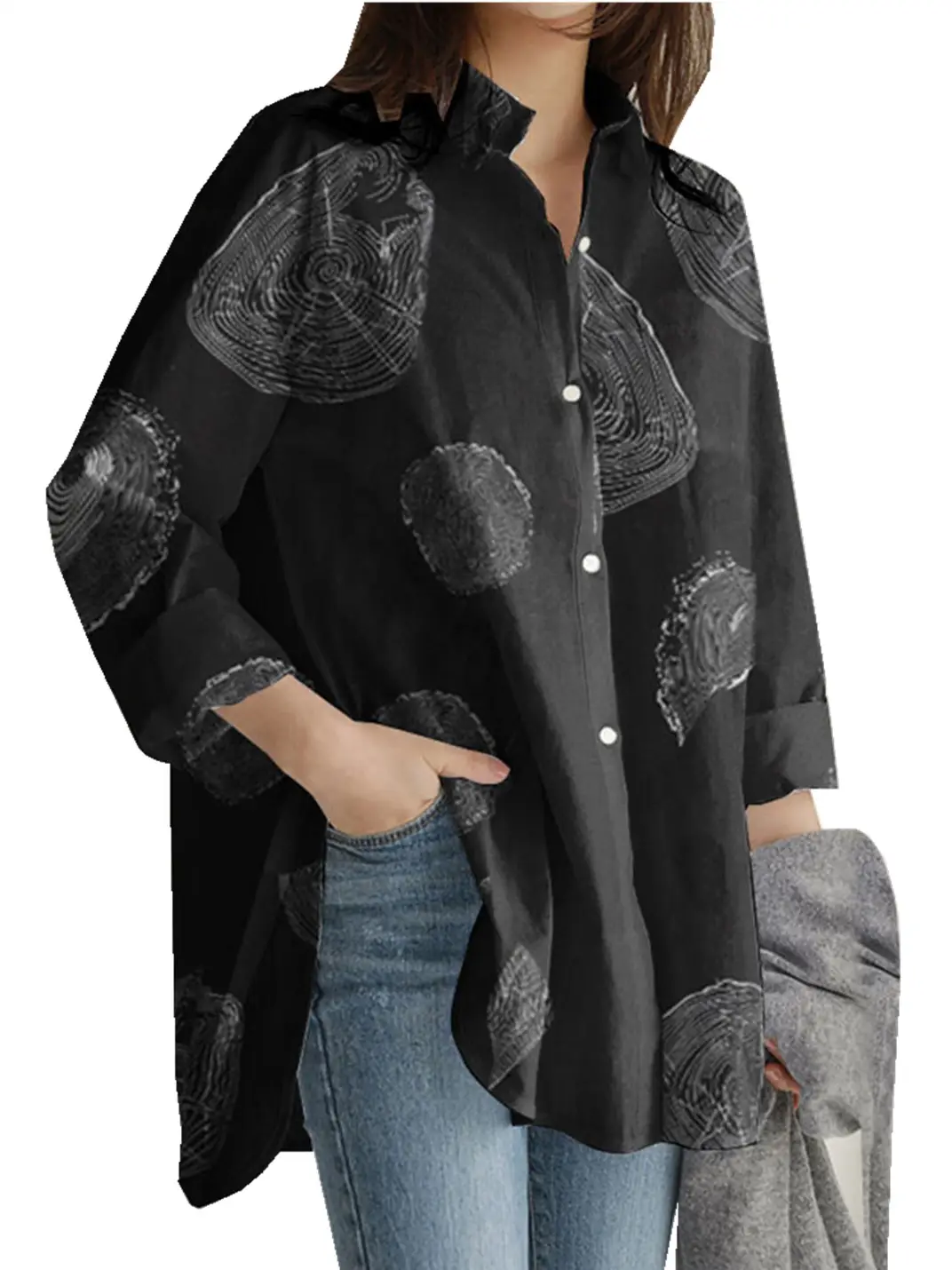 Women's Printed Lapel Shirt Black Long Sleeve 2021