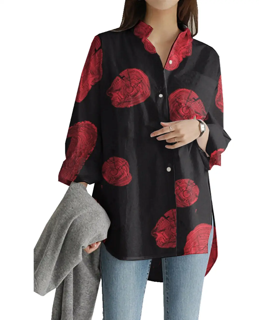Women's Printed Lapel Shirt Black Long Sleeve 2021