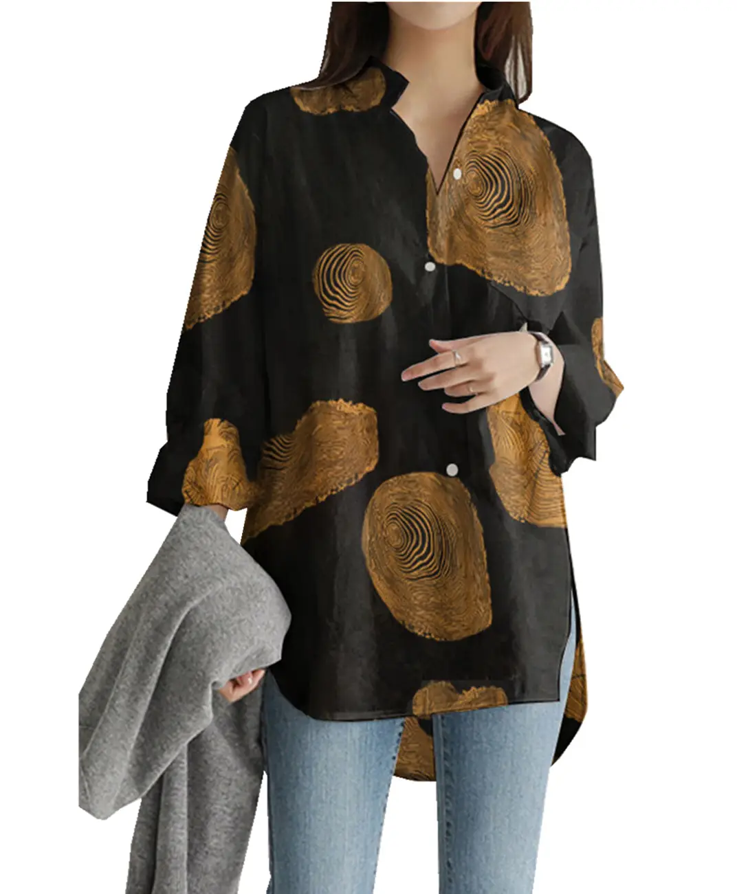 Women's Printed Lapel Shirt Black Long Sleeve 2021