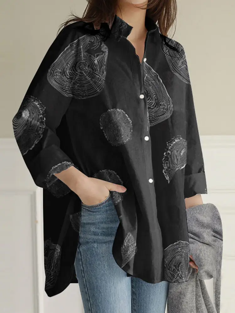 Women's Printed Lapel Shirt Black Long Sleeve 2021
