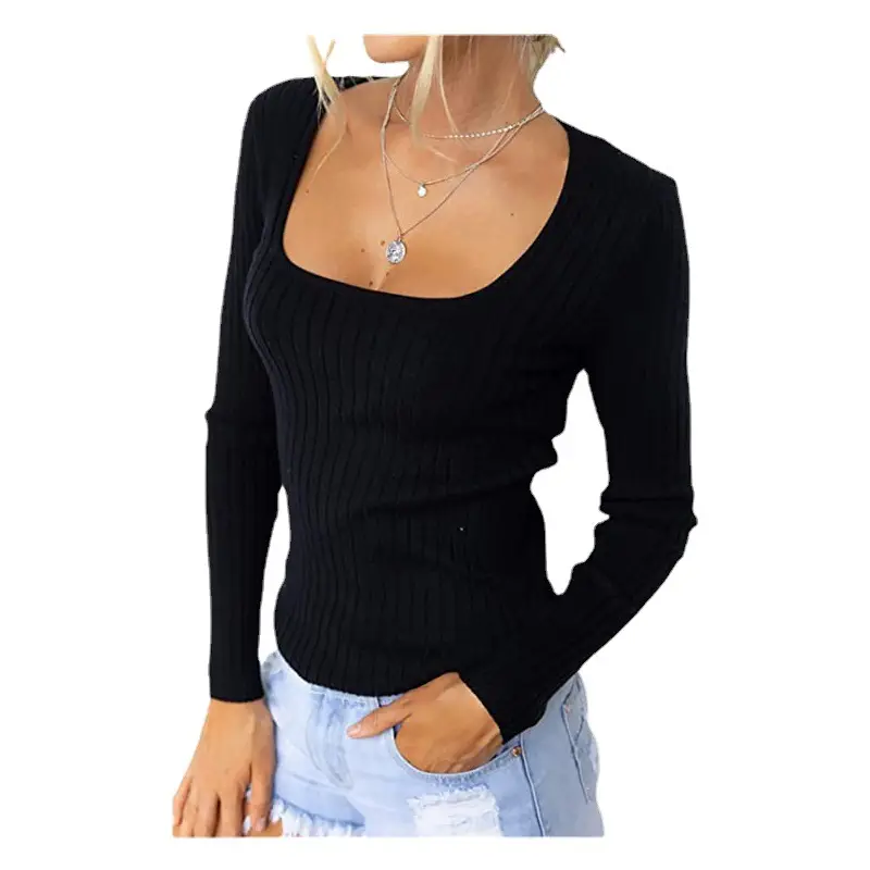 Women's White Knitted Square Collar Long Sleeve Top
