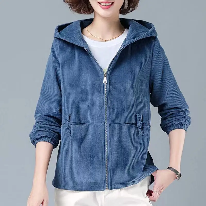 Women's Corduroy Hooded Jacket Blue Large Winter Coat - Image 5