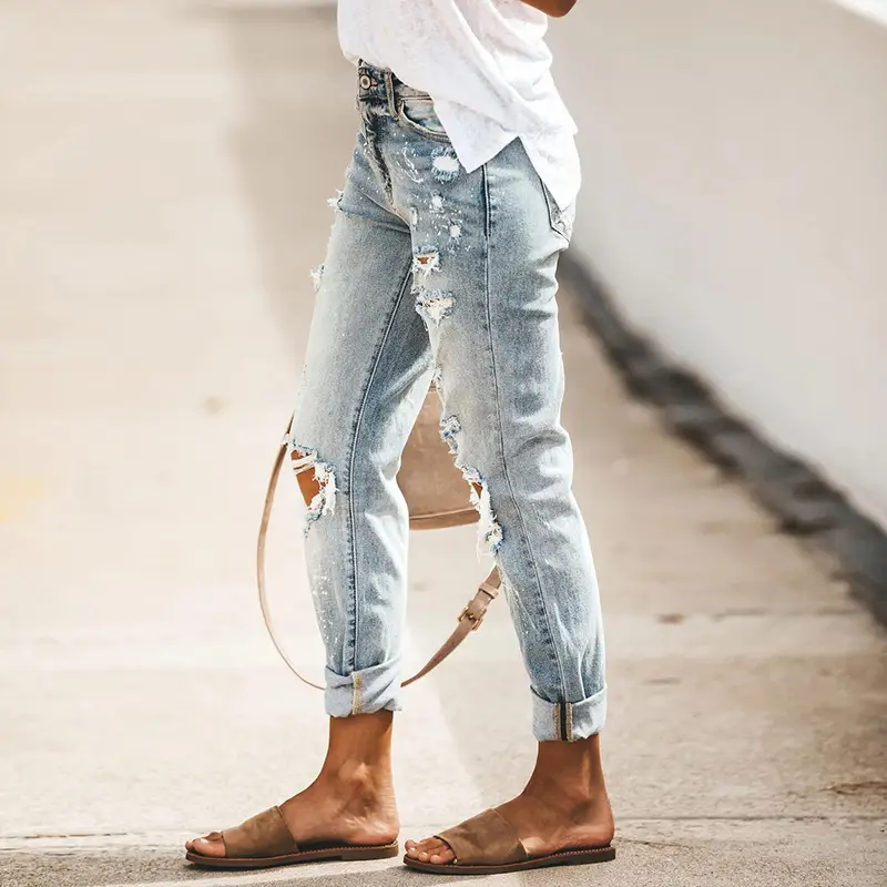 Women Ripped Elastic Wash Jeans 2022 Summer - Image 3