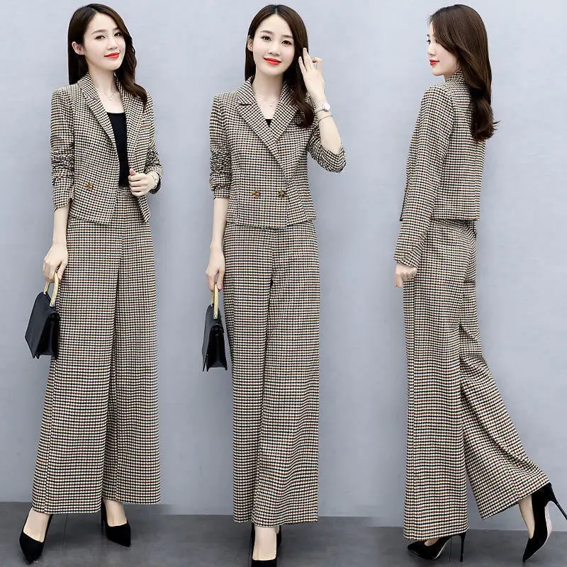 Korean Style Plaid Wide Leg Pants Two Piece Suit for Women - Image 15