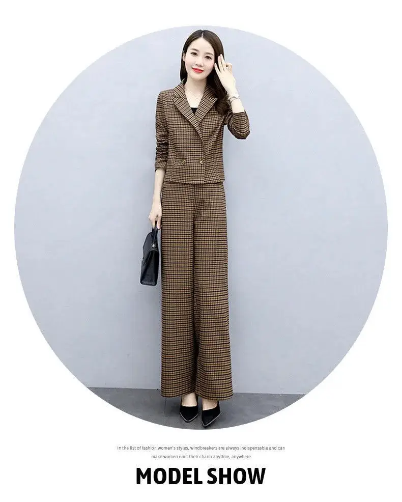 Korean Style Plaid Wide Leg Pants Two Piece Suit for Women — feature 10