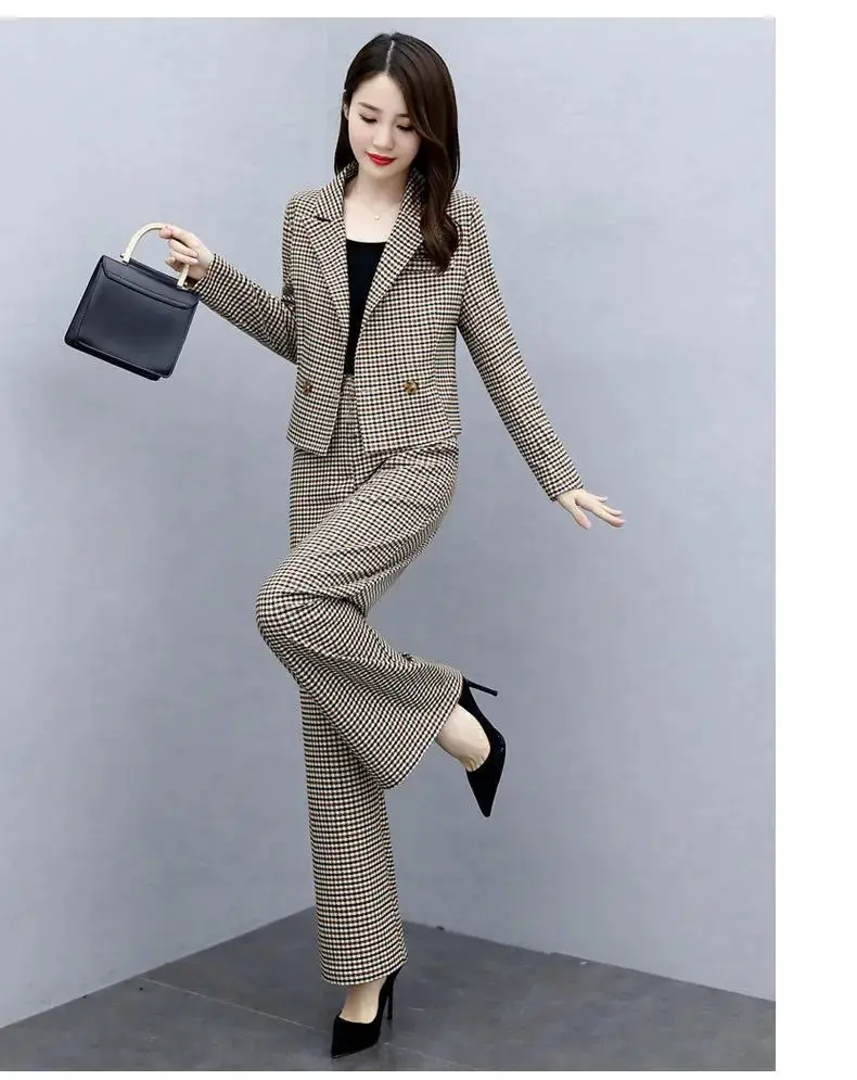 Korean Style Plaid Wide Leg Pants Two Piece Suit for Women — feature 16