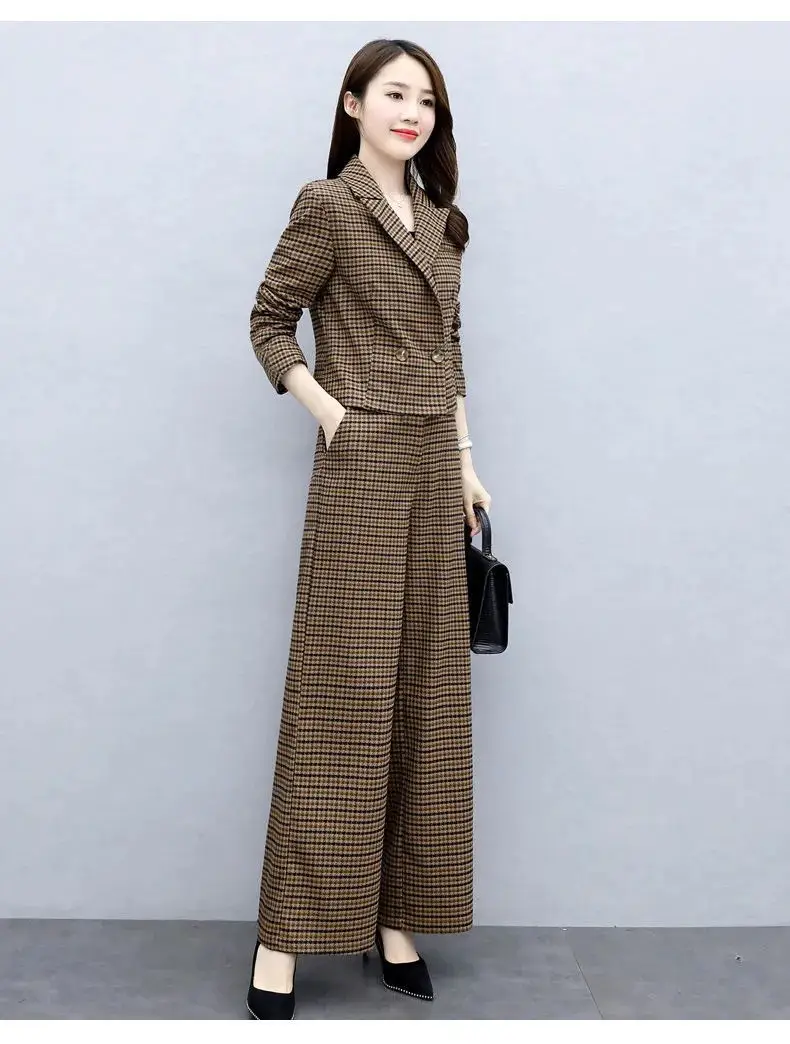 Korean Style Plaid Wide Leg Pants Two Piece Suit for Women — feature 8