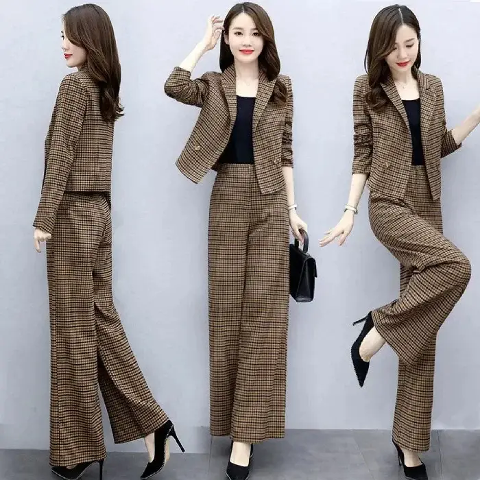 Korean Style Plaid Wide Leg Pants Two Piece Suit for Women - Image 5