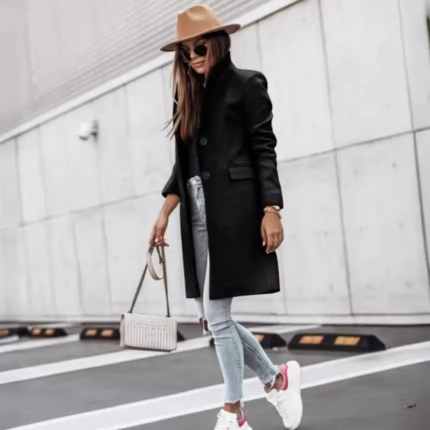 Women Wool Coat White Button Long Sleeve Autumn Winter - Image 6