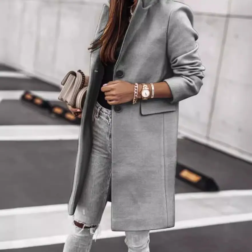 Women Wool Coat White Button Long Sleeve Autumn Winter - Image 7