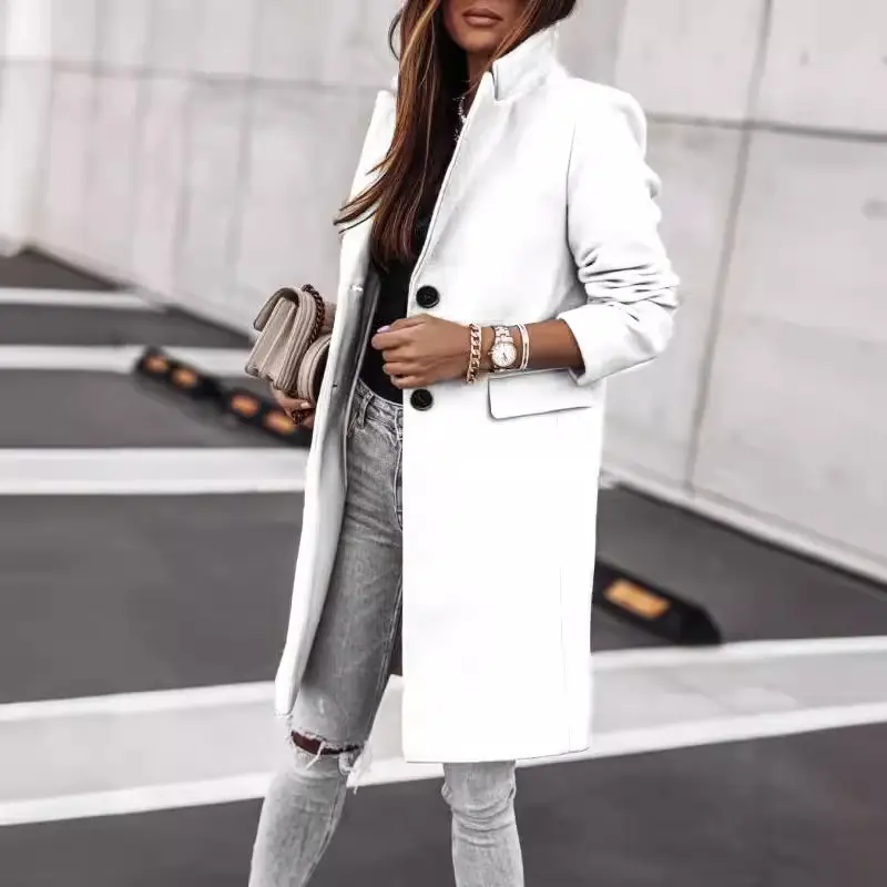 Women Wool Coat White Button Long Sleeve Autumn Winter - Image 9