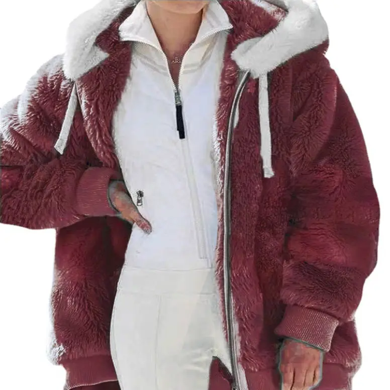 Women Blue Plush Zipper Hooded Coat Winter Warm