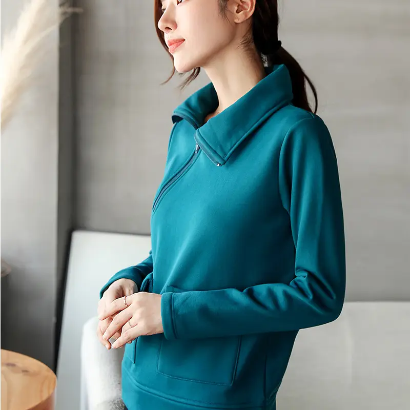 Red Fleece Pullover Sweatshirt with Diagonal Zipper Pocket - Image 5