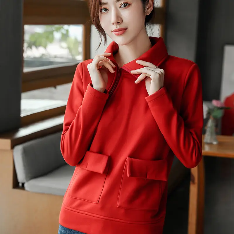 Red Fleece Pullover Sweatshirt with Diagonal Zipper Pocket - Image 6