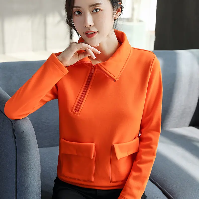 Red Fleece Pullover Sweatshirt with Diagonal Zipper Pocket - Image 7