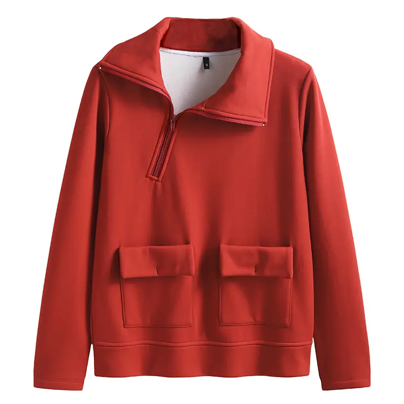 Red Fleece Pullover Sweatshirt with Diagonal Zipper Pocket - Image 8
