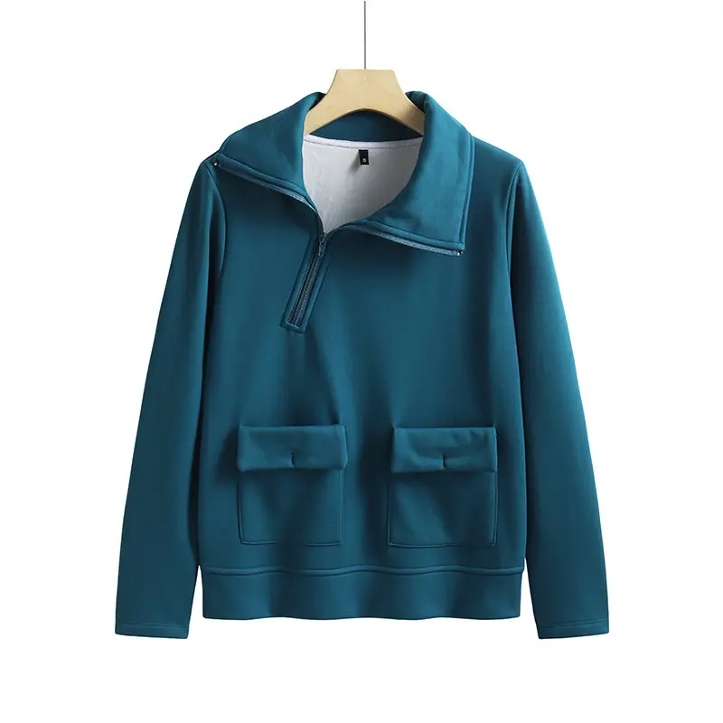 Red Fleece Pullover Sweatshirt with Diagonal Zipper Pocket - Image 2