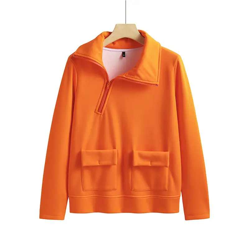 Red Fleece Pullover Sweatshirt with Diagonal Zipper Pocket - Image 3