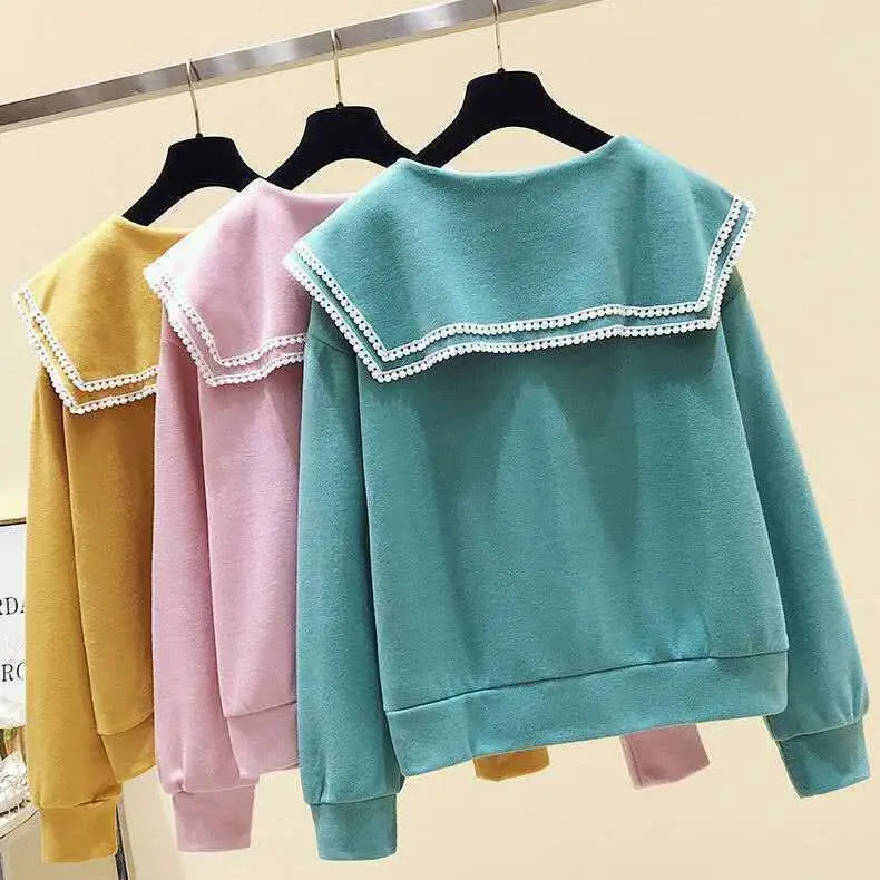 Chubby Girl's Sweater Spring Autumn Top Loose Collar Sweet Girl's T-shirt Western Girl's Base Shirt Outer Wear - Image 5