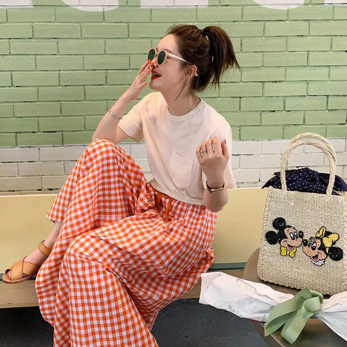 Women Plaid Wide Leg Linen Trousers Set - Image 13