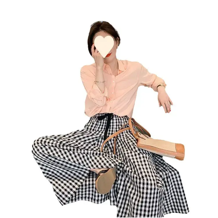 Women Plaid Wide Leg Linen Trousers Set - Image 15