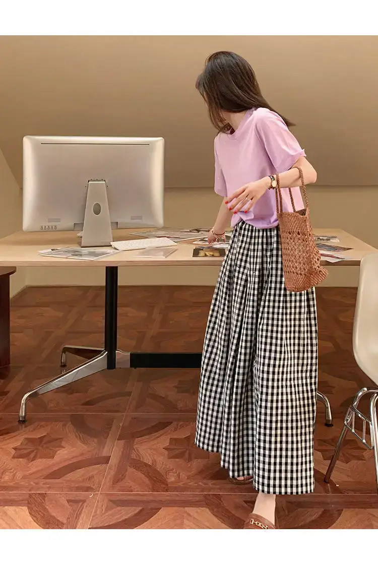 Women Plaid Wide Leg Linen Trousers Set — feature 11