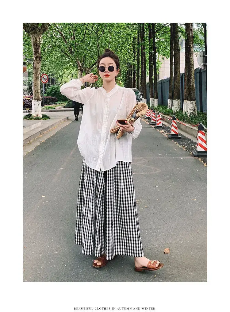Women Plaid Wide Leg Linen Trousers Set — feature 12
