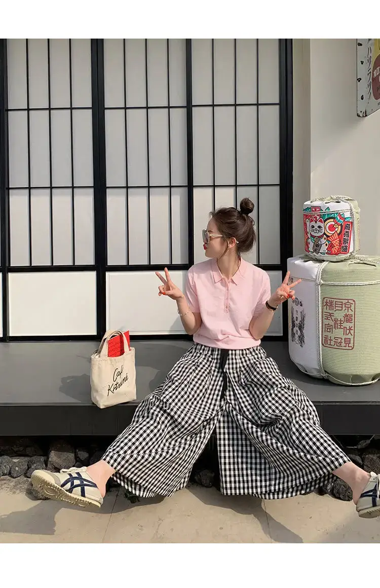 Women Plaid Wide Leg Linen Trousers Set — feature 13