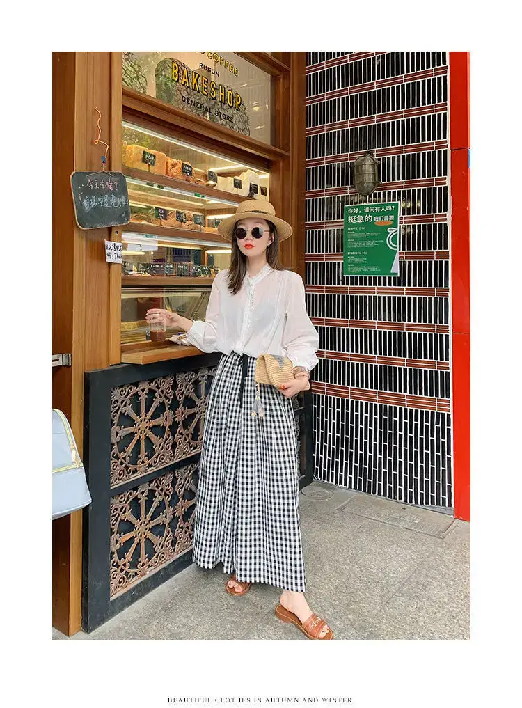 Women Plaid Wide Leg Linen Trousers Set — feature 14