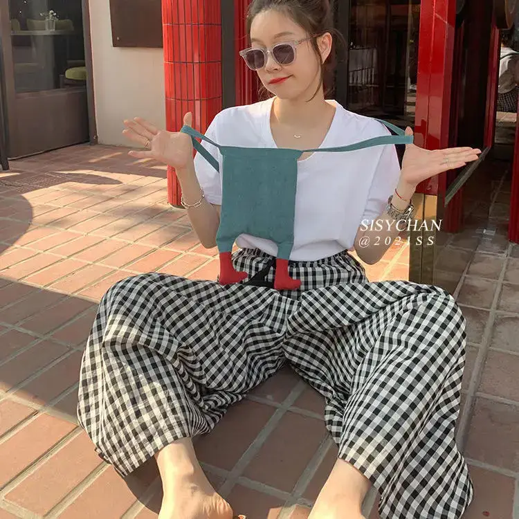 Women Plaid Wide Leg Linen Trousers Set — feature 15