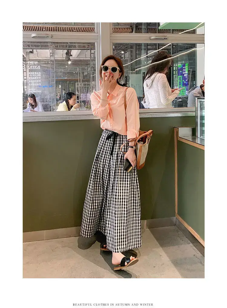 Women Plaid Wide Leg Linen Trousers Set — feature 3