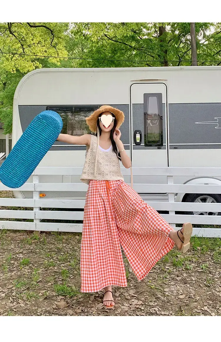 Women Plaid Wide Leg Linen Trousers Set — feature 5