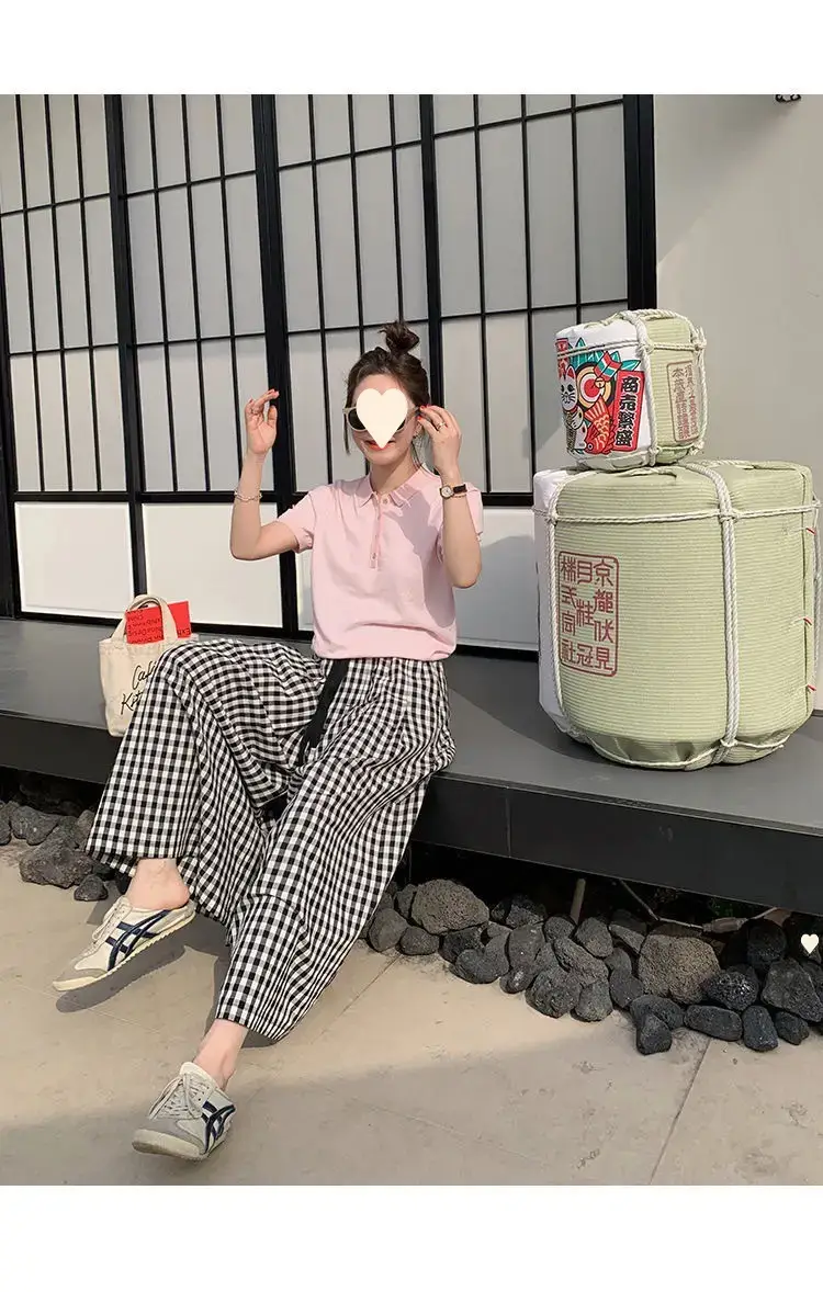 Women Plaid Wide Leg Linen Trousers Set — feature 7