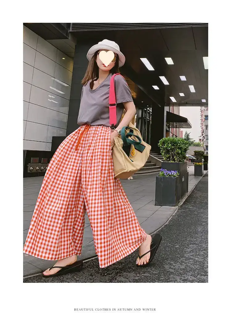 Women Plaid Wide Leg Linen Trousers Set — feature 8