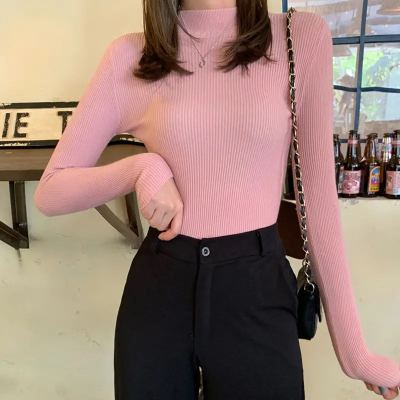 Women's Grey Knit Half Turtleneck Slim Fit Top - Image 10