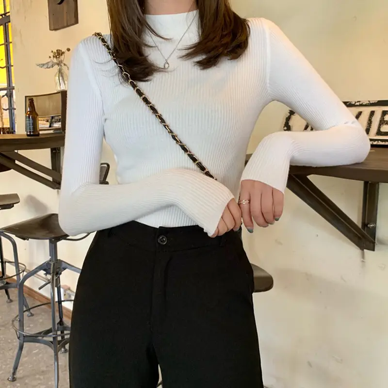Women's Grey Knit Half Turtleneck Slim Fit Top - Image 11