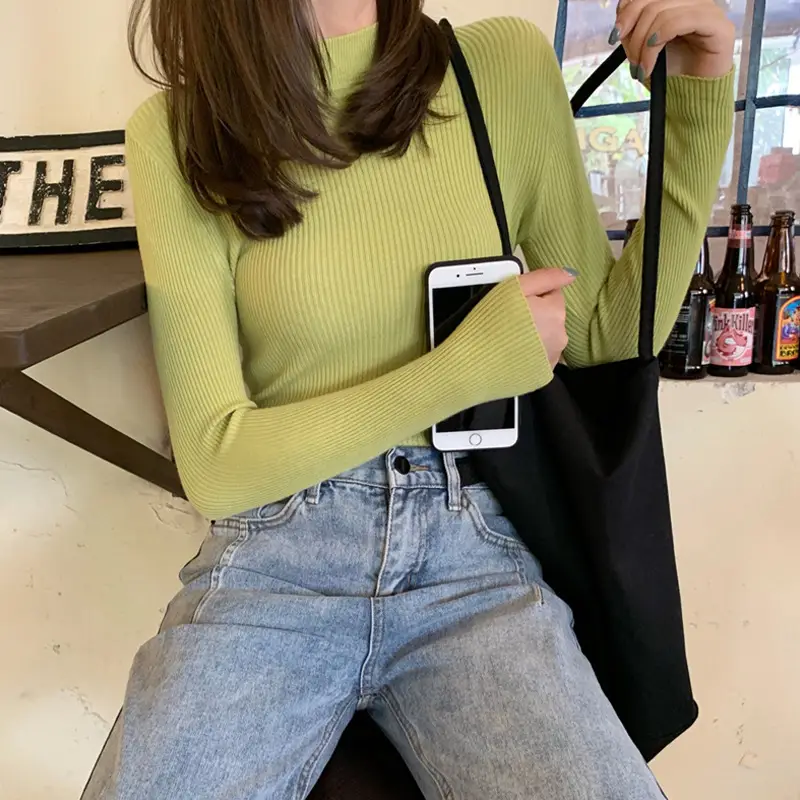 Women's Grey Knit Half Turtleneck Slim Fit Top - Image 12