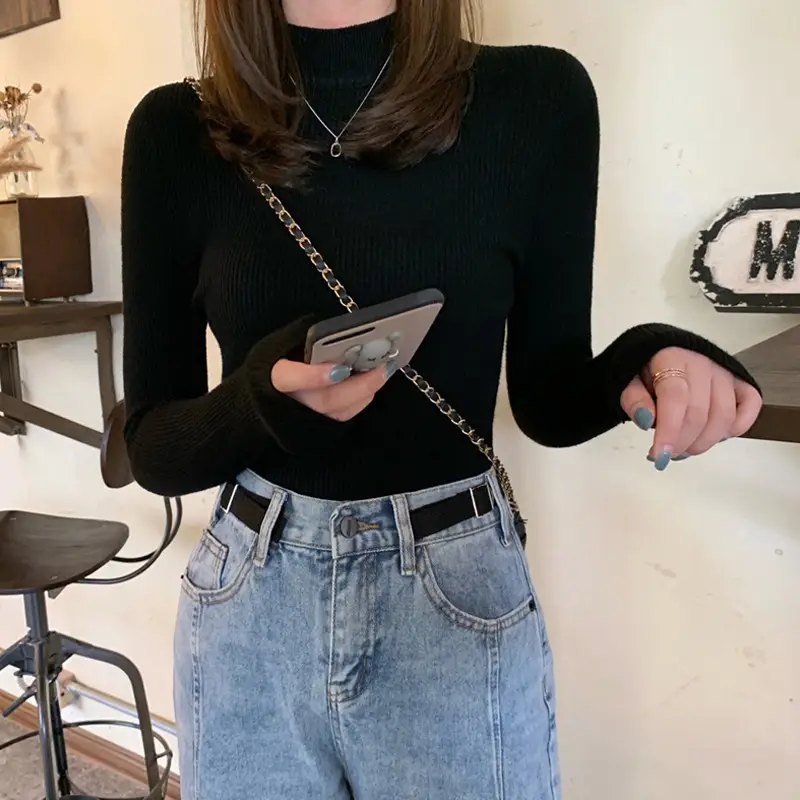 Women's Grey Knit Half Turtleneck Slim Fit Top - Image 13