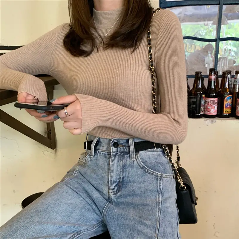 Women's Grey Knit Half Turtleneck Slim Fit Top - Image 2