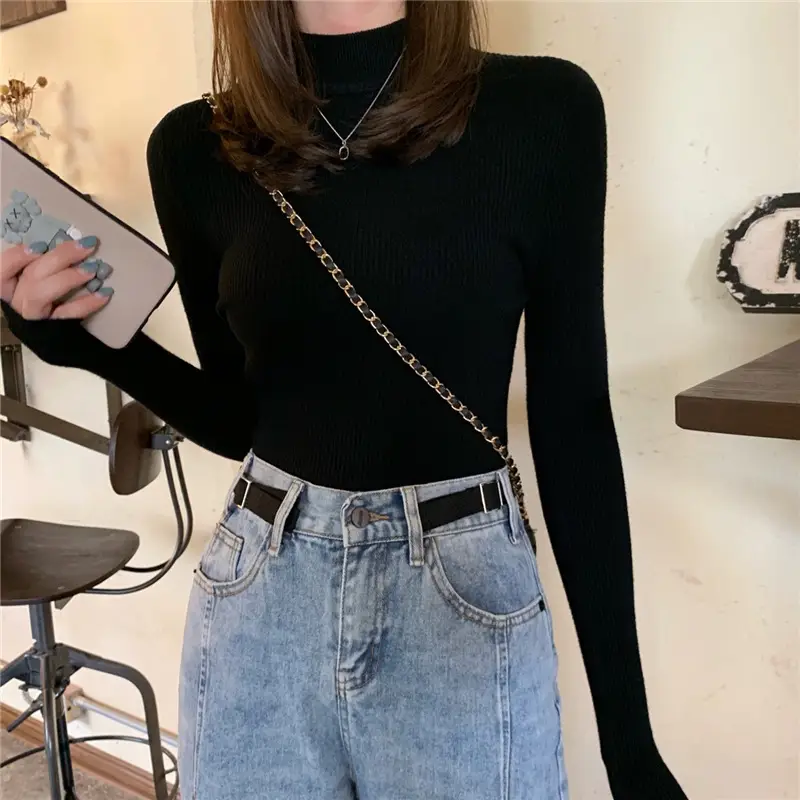 Women's Grey Knit Half Turtleneck Slim Fit Top - Image 5