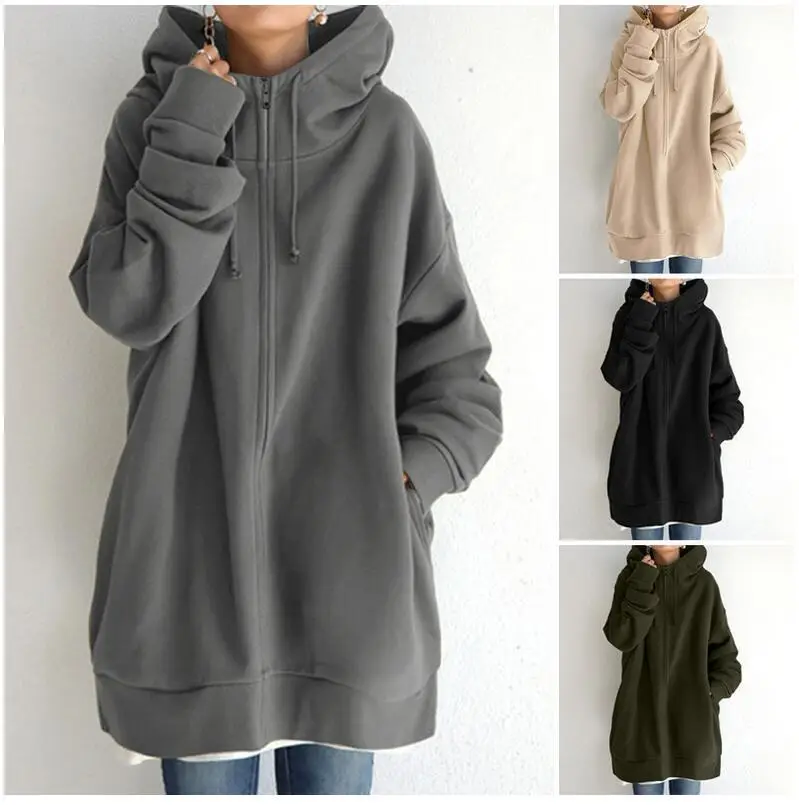 Brown Zipper Hooded Long Coat for Women