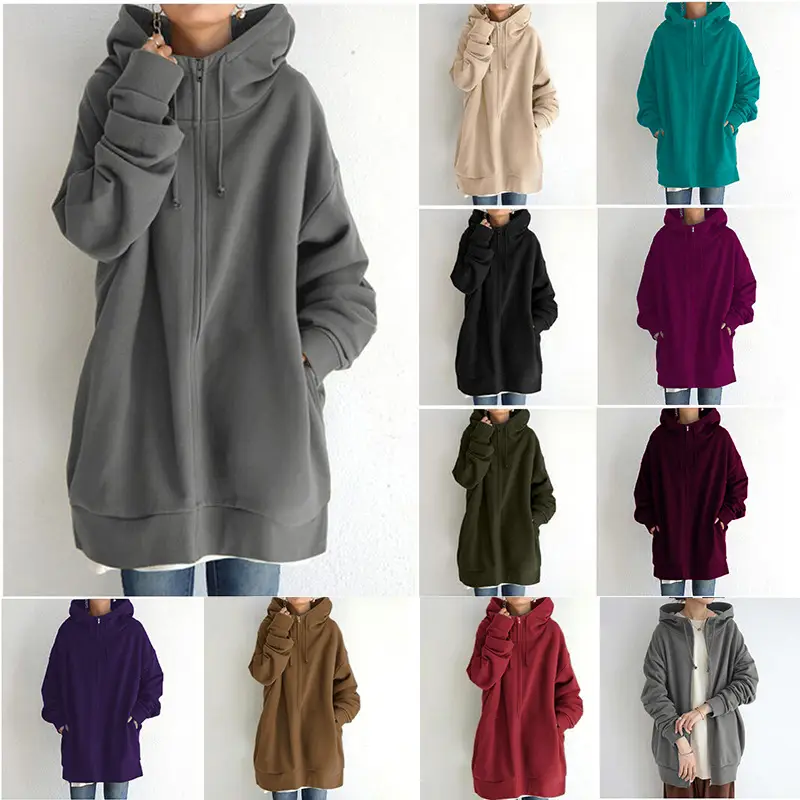 Brown Zipper Hooded Long Coat for Women