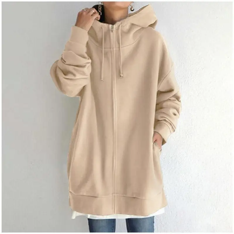 Brown Zipper Hooded Long Coat for Women